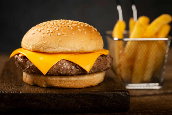 Close-up of a cheeseburger with a sesame seed bun and fries in the background