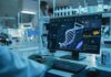 Scientist analyzing DNA model on computer in laboratory