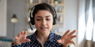 Woman wearing headset on video call
