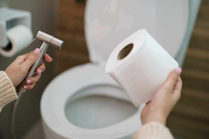 shutterstock_1687515016 Hands holding a bidet sprayer and toilet paper near an open toilet