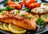 Fish consumption and risk of all-cause mortality Seared salmon fillet with lemon slices and vegetables