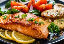 Seared salmon fillet with lemon slices and vegetables