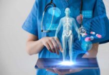Healthcare professional uses tablet with medical holograms