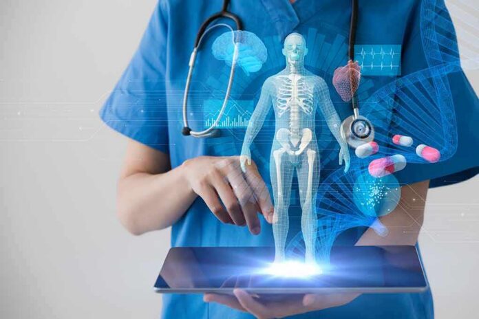 Healthcare professional uses tablet with medical holograms
