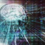 Abstract human head with illuminated brain and digital light streaks