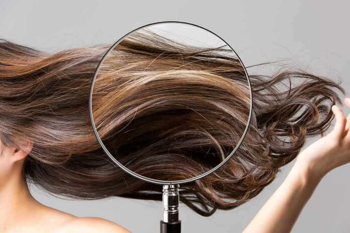 Magnifying glass highlighting long brown hair