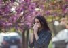 Flu Wave Looms – Vaccine Cutoff Date Nears Woman sneezing into tissue under blooming pink trees