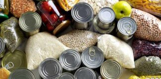 Assorted pantry staples with canned goods and dry foods