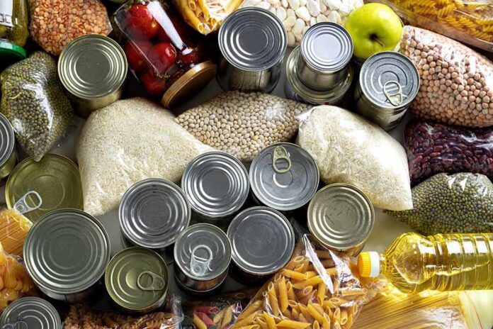 Assorted pantry staples with canned goods and dry foods
